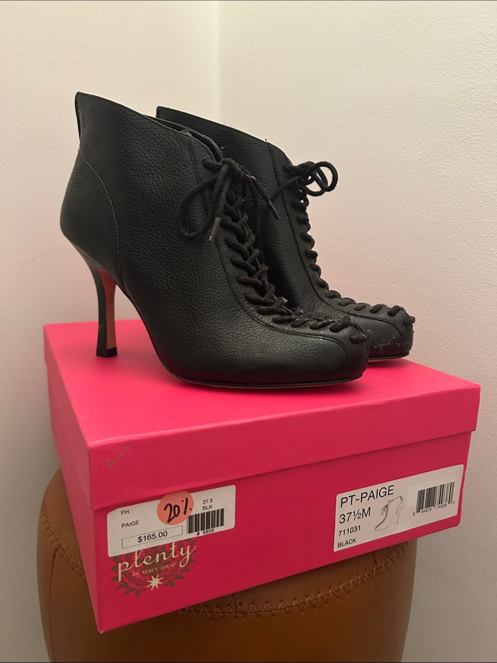 Plenty by Tracy Reese Black Lace-Up Leather Ankle Boots with Stiletto Heel